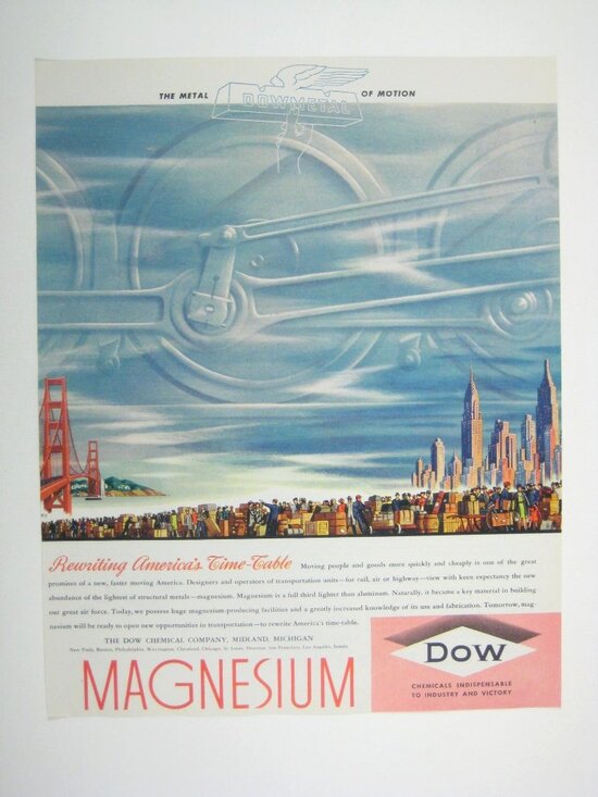 1944 Dow Chemical Magnesium Ad Print San Francisco Railroad Train NYC Timetable